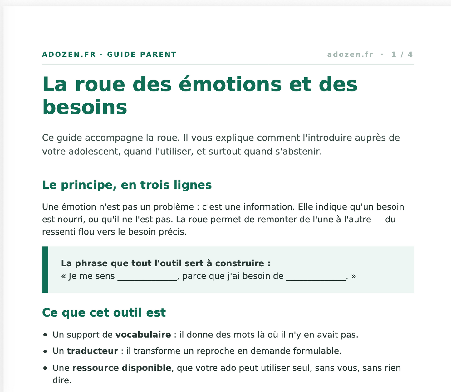 La roue des émotions et des besoins (14-18 ans)