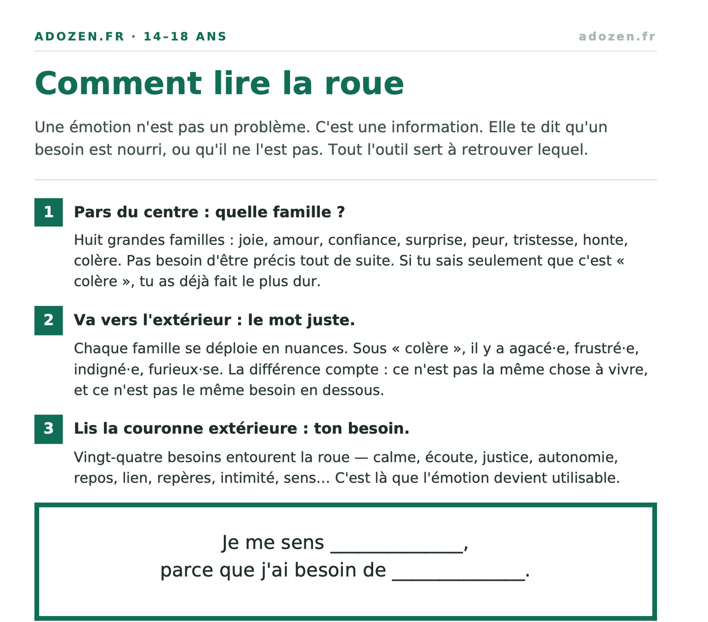 La roue des émotions et des besoins (14-18 ans)