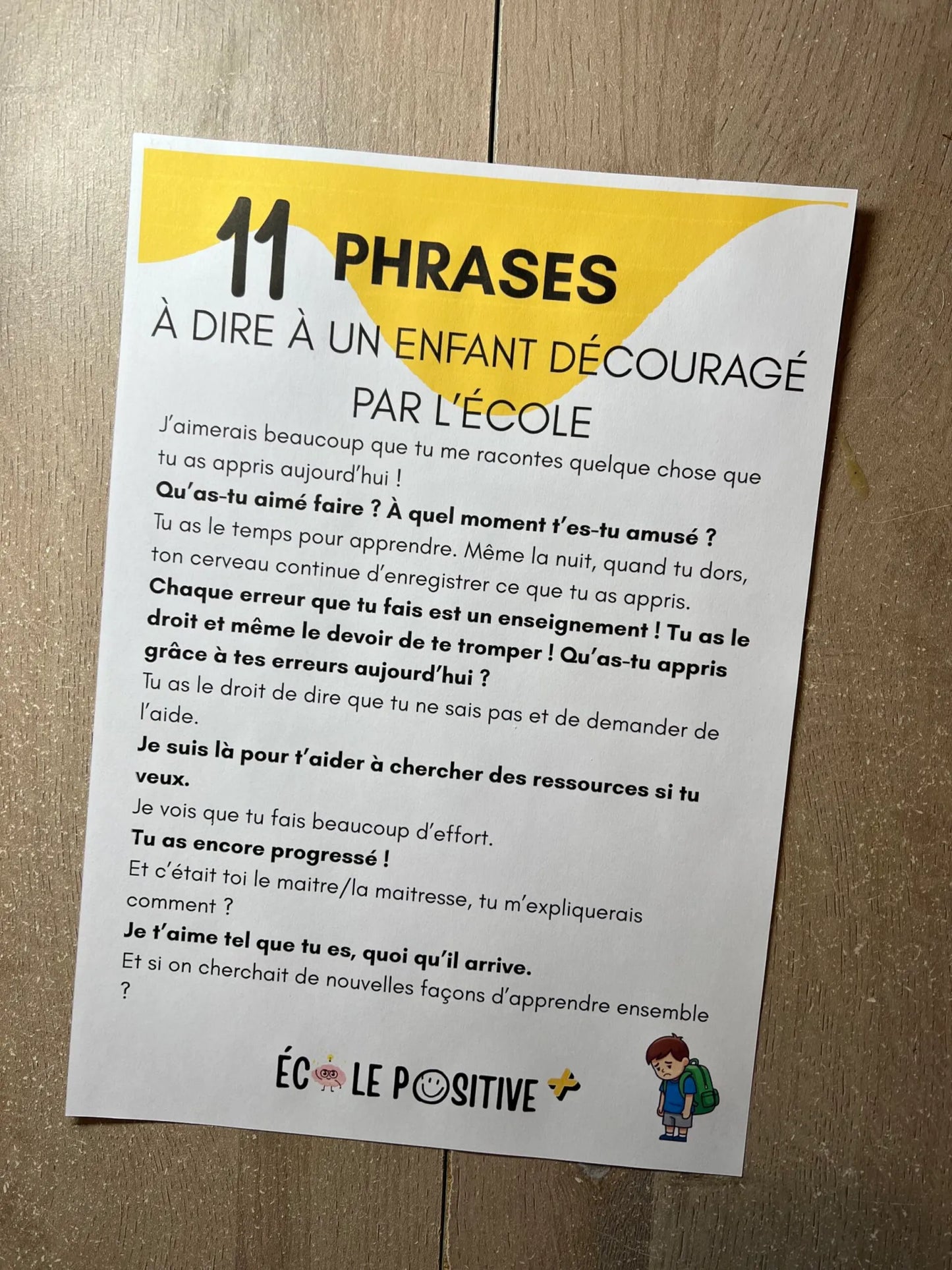 Affiche : 11 PHRASES À DIRE À UN ENFANT DÉCOURAGÉ PAR L’ÉCOLE